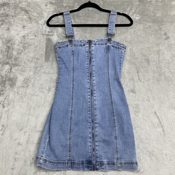 Forever 21 Denim Dress Womens Small Blue Jean Bodycon Mini Overall Zip Front - Picture 1 of 7